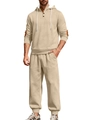 Men's khaki long sleeve drawstring hoodie set with geometric textured knit fabric - S / Khaki