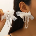 Elegant white organza bow earrings with crystal tassels and faux pearl drops for wedding - White Mesh Bow Tassel Style (1487)