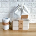 Three-layer 900ml wheat straw lunch box set with soup cup and canvas bag in beige - Wheat Straw 3-Layer Lunch Box + Round Cup + Canvas Bag (Off-White)