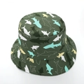 Detail of army green kids bucket hat featuring colorful shark patterns and stitched brim - Green Shark