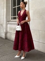 Elegant red halter neck dress with black floral jacquard and voluminous skirt - S / Black with Red Floral