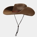 Detail of dark brown cowboy straw hat with wide brim, leather band and chin strap - One Size(58cm) / Dark Brown