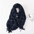 Navy blue winter scarf with white windowpane pattern and fringes on white background - Dark Blue