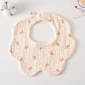 Cotton petal bib for infants with red bow patterns and snap button closure - Gauze Flower Scarf - Pink Bow