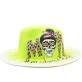 Cappello di paglia a tesa larga giallo neon e bianco con stampa Mom per la spiaggia - M(56-58cm) / Stile MOM Teschio Giallo Neon (01)