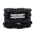 Set of 4 black multilayer leather bracelets featuring a metal plate with Believe engraving - Black Believe Plate Braided Style (HTK002-F) / Set of 4