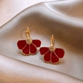 Close-up of elegant red four-petal flower earrings with gold metal edges on silk - 7# Ear Buckle - Gold - Red