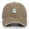 Vintage khaki washed cotton baseball cap with white angry ghost embroidery for outdoor wear - One Size / Khaki