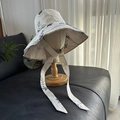 Elegant beige floral embroidery sun hat with long ties and wide brim for women - Embroidered Beige