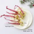 Set of 6 golden Christmas bells with red plaid ribbons for tree hanging decoration - Red Plaid (Standard)