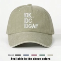 Detail of embroidered IDK IDC IDGAF text on adjustable washed khaki cotton baseball cap - Light Khaki