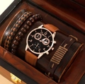 Men's quartz watch with brown leather strap and beaded bracelets in wooden gift box - Black Dial Brown Strap Gentleman Set A08618-13 (Watch And Bracelets)