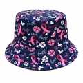 Navy blue bucket hat with pink breast cancer awareness ribbon print and floral motifs - M (56-58cm) / Solid Bow Decor Navy Blue