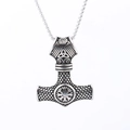 Macro detail of vintage Thor's hammer pendant with Viking carvings on stainless steel - Viking Compass Vegvisir Style (Style 6)