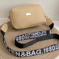 Minimalist beige PU leather crossbody bag with letter print wide canvas strap - Brown