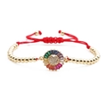 Pulsera étnica dorada con girasol de circón arcoíris y correa ajustable de tejido rojo - Corazón Cuentas de Cobre Cuerda Roja