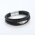 Pulsera multicapa de cuero trenzado negro para hombre con pluma de plata y cierre magnético - Negro + Acero Plateado