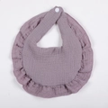 Detail of ruffle cotton gauze baby bib with breathable muslin texture and white snap button - Purple