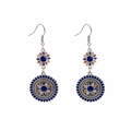 Bohemian silver drop earrings with blue enamel mandala flower pattern on white background - Deep Blue (E4967-1)