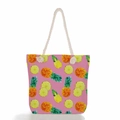 Detail of pink beach tote with pineapple print and woven rope handles for summer vacation - Bright Pink Pineapple Slice Print (ms2018a)