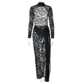 Sexy black lace two-piece set featuring long sleeve sheer top and side slit maxi skirt - S / Black