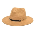 Close-up of woven straw hat featuring a black leather band and gold chain detail - M (56-58cm) / Camel
