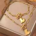 Ensemble collier et bracelet avec pendentif cœur en acier inoxydable doré et fermoir OT - Doré