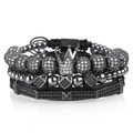 Men's hip-hop bracelet set in black with crown charm and micro-paved zircon beads - Black Set 3pcs (Crown + Cube + Pagoda Tube)