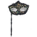 Black handheld masquerade mask with colorful sequins and silver beaded eye trim - Dragon Sequin Handheld Style / Black