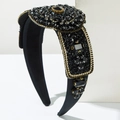 Luxurious black wide headband with sparkling rhinestones and gold chain for parties - Black