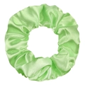 Close-up of vibrant lime green satin scrunchie showing silky texture and pleated details - Grass Green