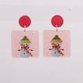 Pink acrylic Christmas earrings with snowman pattern and red circular stud fastener - Pink Square Christmas Snowman