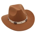 Detail of vintage silver sunflower buckles on camel felt cowboy hat ribbon trim - Khaki Cowboy (Cream Belt)