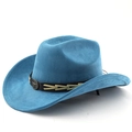 Close-up of peacock blue suede cowboy hat with brown leather band and bull head emblem - M (56-58cm) / Lake Blue
