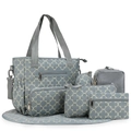 Detailed 5-piece grey diaper bag set with yellow floral pattern and matching accessories - Blue Grey Quatrefoil