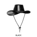 Classic black PU leather western cowboy hat with wide brim and adjustable chin strap - One Size (54-58CM) / Black