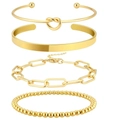 Four-piece layered gold bracelet set featuring twisted cuff and link chain designs - Gold Set - Knot Bangle And Dual Chains