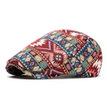 Ethnic knit flat cap for men and women featuring red vintage geometric jacquard patterns - Adjustable / Wine Red 1