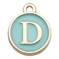 Round gold-rimmed alphabet pendant with light blue enamel finish featuring the letter D - Letter D / 1 Piece (12x14mm) / Green