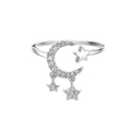 Anillo ajustable de plata con diseño de estrella y luna con piedras de circón brillantes - Estrella Luna Colgante