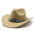 Khaki felt western cowboy hat with brown leather band and blue gemstone beads - M(56-58cm) / Camel