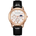 Detail of rose gold business watch with Roman numerals, sub-dials and black leather strap - White Dial Black Strap