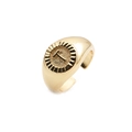 Detail view of a gold-plated letter T round disc open ring with a polished finish - Letter T