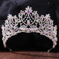 Baroque silver bridal crown with multi-colored crystals and intricate alloy floral design - Thick Silver White & AB Rhinestone