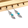 Close-up of bohemian silver feather earrings with turquoise center on wooden stand - Feather Pendant Style (BX003)