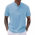 Men's light blue short sleeve Henley shirt with pleated details and linen-like texture - Light Blue