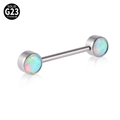 G23 titanium nipple barbell featuring round iridescent opal stones on white background - OP17 Magic Opal