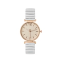 Detail view of champagne textured dial and white elastic wave strap on gold women watch - White