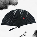 Classic black folding fan with white willow patterns and elegant black tassel - Breeze Willow