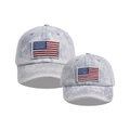 Detail of adult and child washed denim baseball caps with American flag embroidery - US Flag Pattern - Adult + Kids Baseball Cap Set